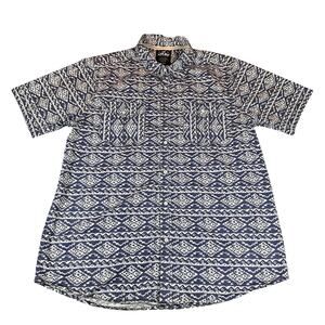 XRAY Jeans Shirt Mens Large Blue White Short Sleeve Slim Fit Patterned Cotton